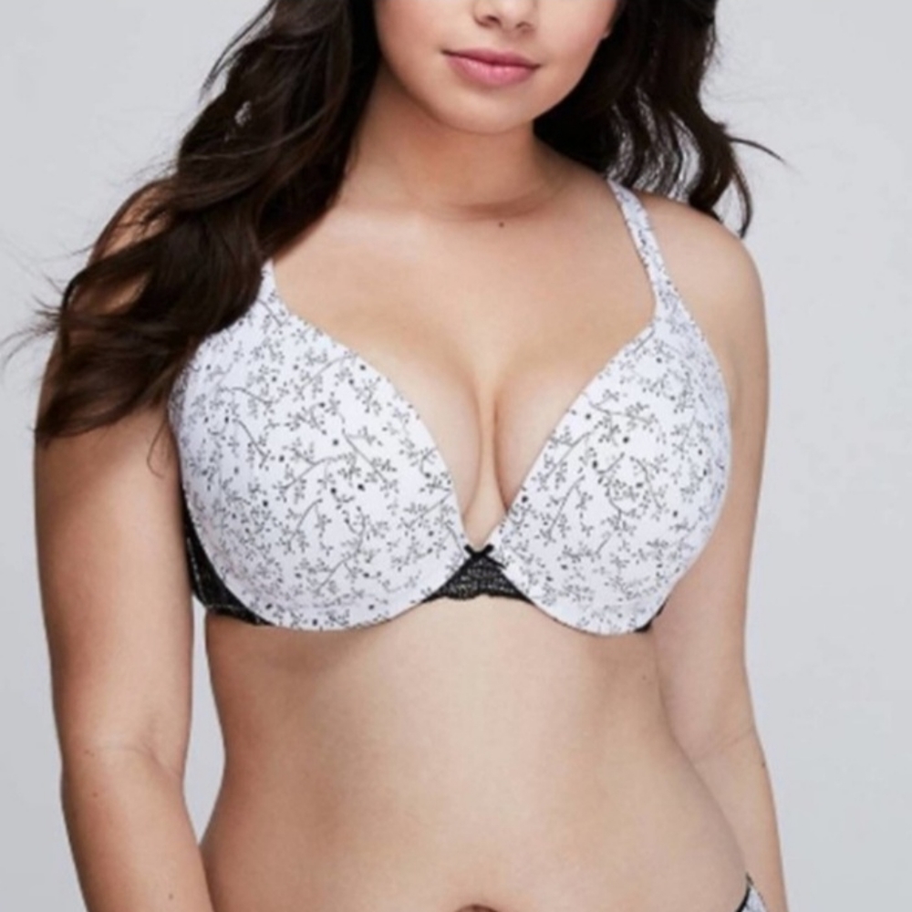 Cacique | White & Black Cotton Boost Plunge Bra Floral Print Lace Underwire 44H